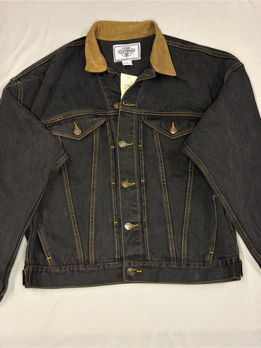Vintage ACME Tasmanian Devil Black Denim Jacket with Brown Leather Collar